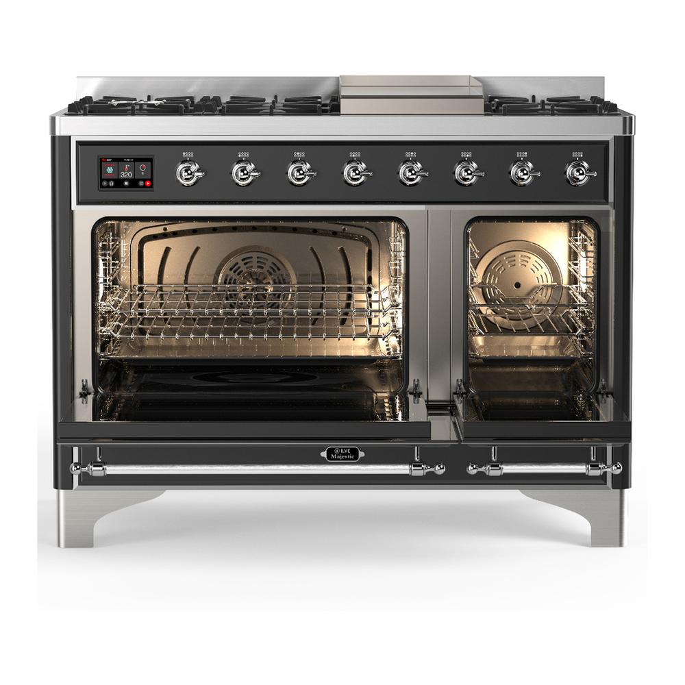 Ilve UM48FNR3MGCLP Ilve Um48Fnr3Mgclp Majestic Iii 48 Inch Dual Fuel Range With 8 Burners And Griddle, Dual Function Burner Up To 25,000 Btu (Liquid Propane, Triple Glass Door, Graphite Matte, Chrome)