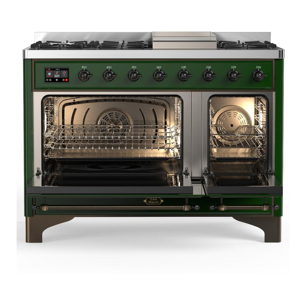 Ilve UM48FQNR3EGB Ilve Um48Fqnr3Egb Majestic Iii 48 Inch Dual Fuel Range With 8 Burners And Griddle, Dual Function Burner Up To 25,000 Btu (Natural Gas, Solid Door, Emerald Green, Burnished)
