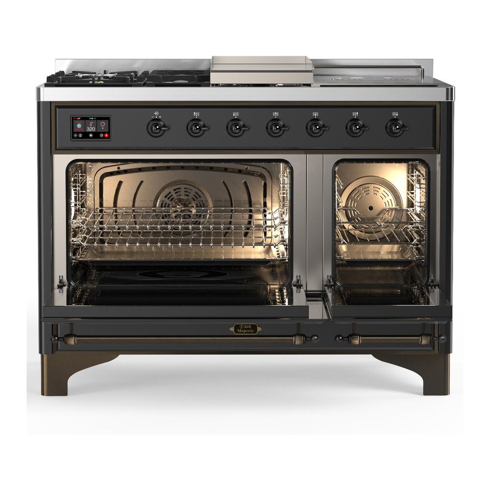 Ilve UM48FSNR3MGB Ilve Um48Fsnr3Mgb Majestic Iii 48 Inch Dual Fuel Range With 5 Black Brass Burners, Griddle And French Top, Dual Function Burner Up To 25,000 Btu (Natural Gas, Triple Glass Door, Graphite Matte, Burnished)