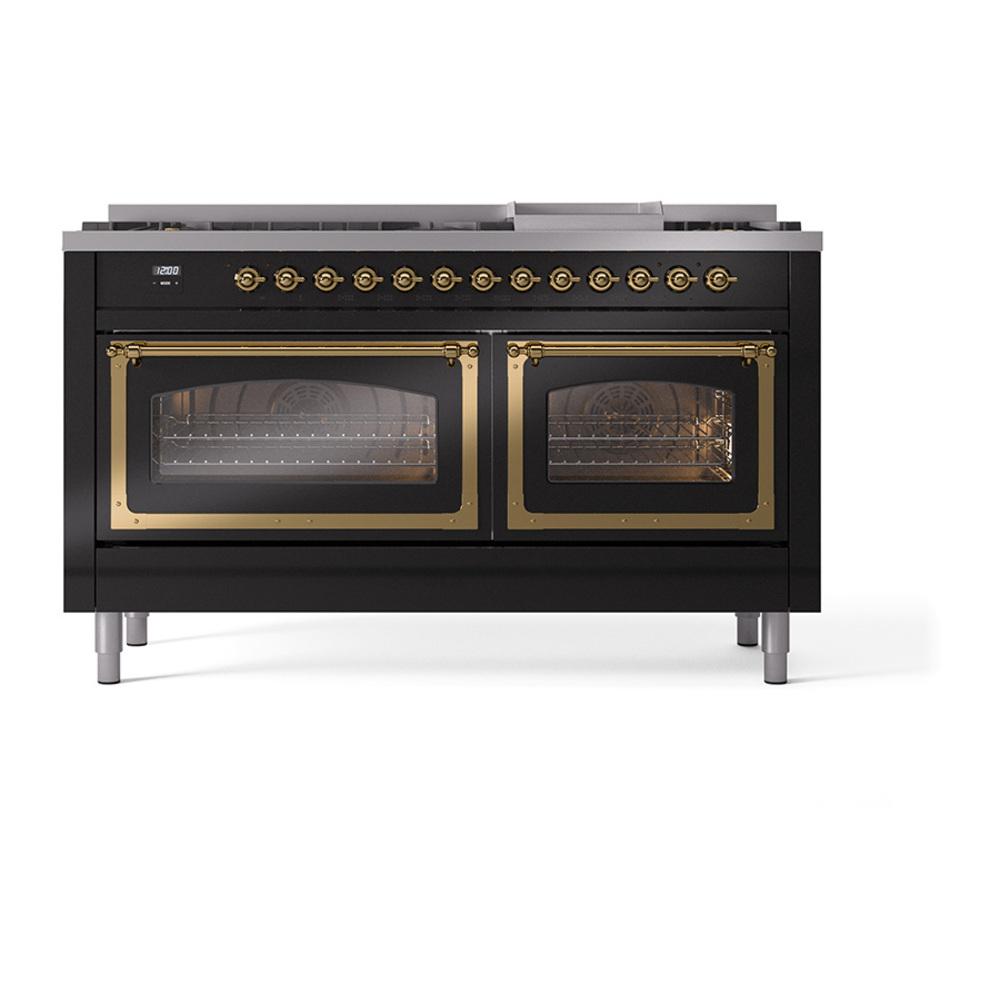 Ilve UN60FNMPBKG Ilve Un60Fnmpbkg Nostalgie Ii Noblesse 60" Dual Fuel Range (9 Sealed Burners + Griddle, Natural Gas, Triple Glass Door, Glossy Black, Brass)