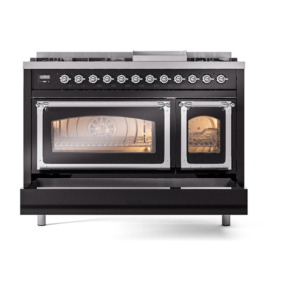 Ilve UN48FNMPBKC Ilve Un48Fnmpbkc Nostalgie Ii Noblesse 48" Dual Fuel Range (8 Sealed Burners + Griddle, Natural Gas, Triple Glass Door, Glossy Black, Chrome)