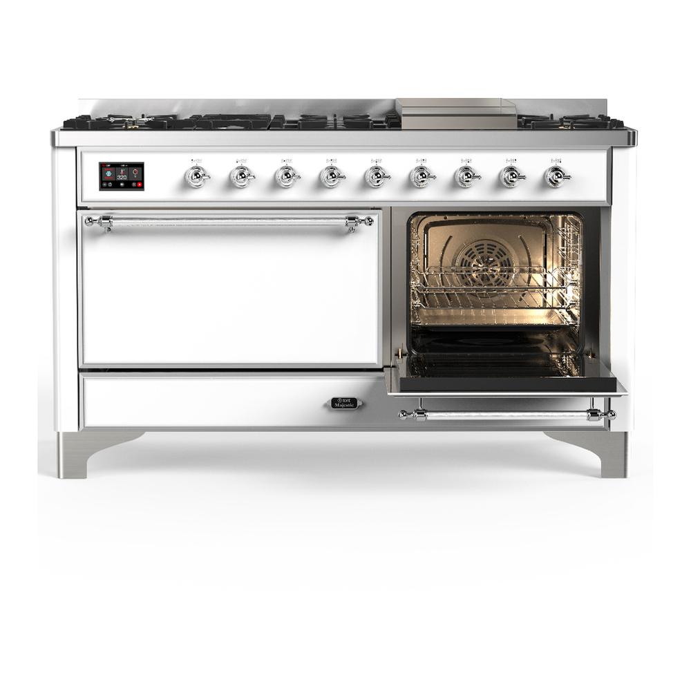 Ilve UM60FQNR3WHCLP Ilve Um60Fqnr3Whclp Majestic Iii 60 Inch Dual Fuel Range With 9 Burners And Griddle, Dual Function Burner Up To 25,000 Btu (Liquid Propane, Solid Door, White, Chrome)