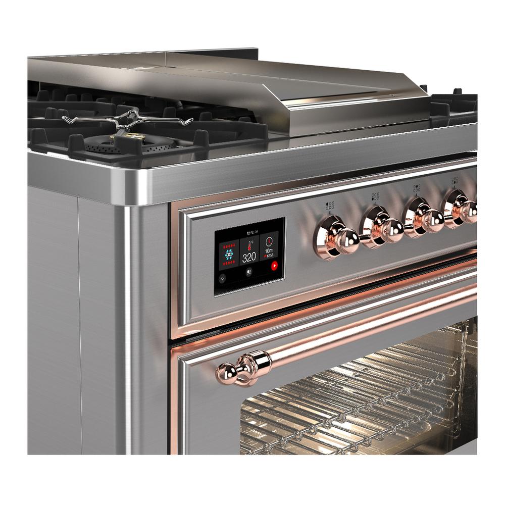 Ilve UM36FNR3SSP Ilve Um36Fnr3Ssp Majestic Iii 36 Inch Dual Fuel Range With 6 Black Brass Burners And Griddle, Dual Function Burner Up To 25,000 Btu (Triple Glass Door, Stainless Steel, Copper, Natural Gas)