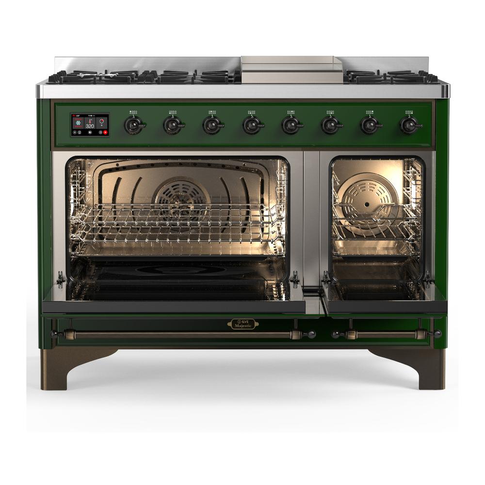 Ilve UM48FNR3EGB Ilve Um48Fnr3Egb Majestic Iii 48 Inch Dual Fuel Range With 8 Burners And Griddle, Dual Function Burner Up To 25,000 Btu (Natural Gas, Triple Glass Door, Emerald Green, Burnished)