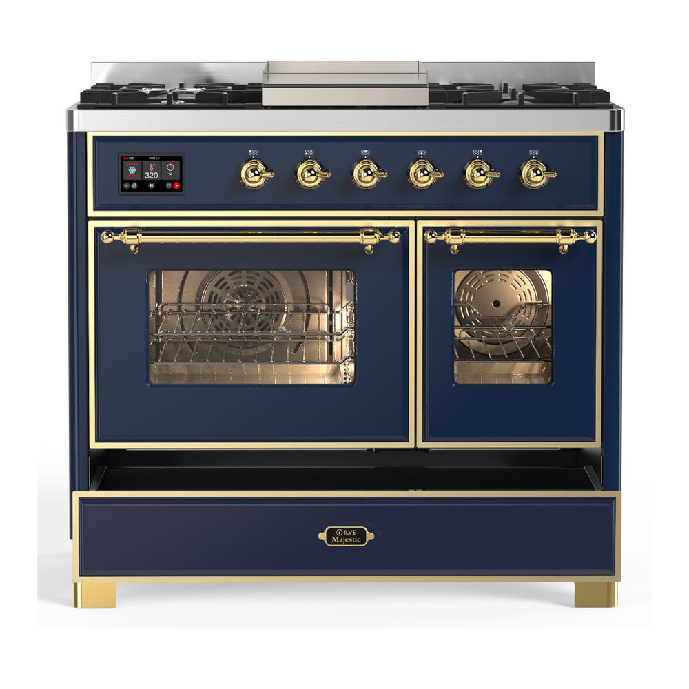 Ilve UMD40FNR3MBG Ilve Umd40Fnr3Mbg Majestic Iii 40 Inch Dual Fuel Range With 6 Burners And Griddle, Dual Function Burner Up To 25,000 Btu (Natural Gas, Triple Glass Door, Midnight Blue, Brass)