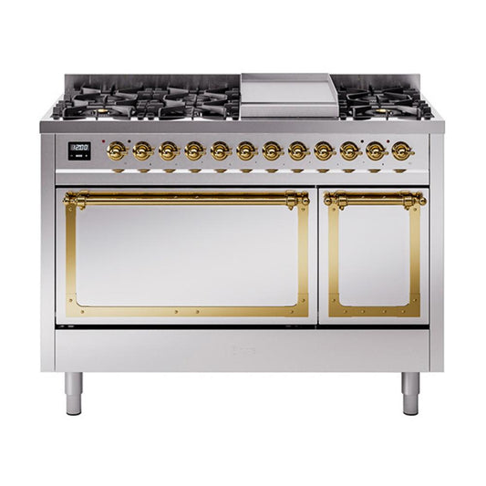 Ilve UN48FQNMPSSGLP Ilve Un48Fqnmpssglp Nostalgie Ii Noblesse 48" Dual Fuel Range (8 Sealed Burners + Griddle, Liquid Propane, Solid Door, Stainless Steel, Brass)