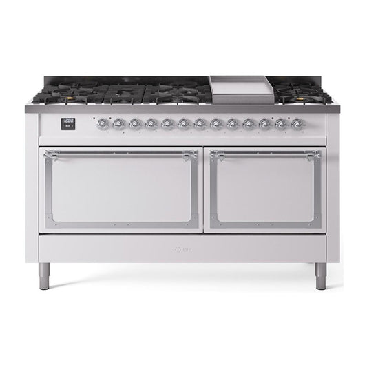 Ilve UN60FQNMPWHC Ilve Un60Fqnmpwhc Nostalgie Ii Noblesse 60" Dual Fuel Range (9 Sealed Burners + Griddle, Natural Gas, Solid Door, White, Chrome)