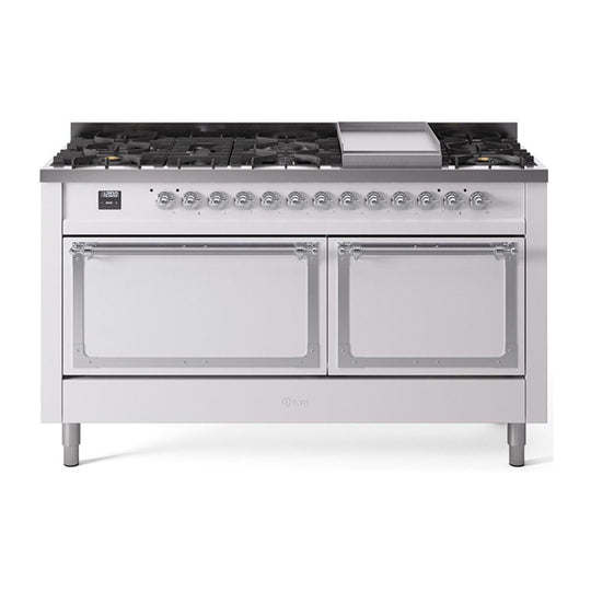 Ilve UN60FQNMPWHC Ilve Un60Fqnmpwhc Nostalgie Ii Noblesse 60" Dual Fuel Range (9 Sealed Burners + Griddle, Natural Gas, Solid Door, White, Chrome)