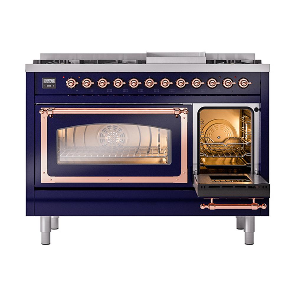 Ilve UN48FNMPMBP Ilve Un48Fnmpmbp Nostalgie Ii Noblesse 48" Dual Fuel Range (8 Sealed Burners + Griddle, Natural Gas, Triple Glass Door, Midnight Blue, Copper)