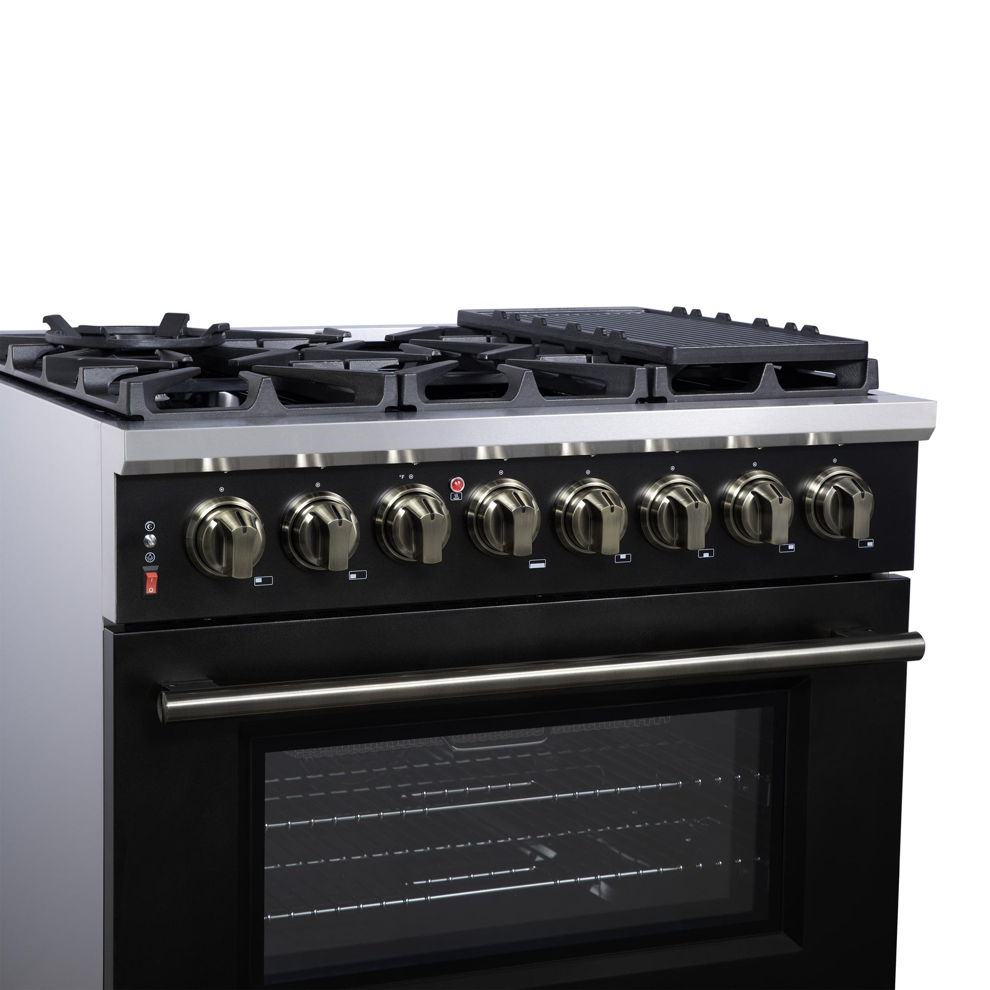 Forno FFSGS612536BLK Forno Massimo 36 Inch Freestanding Dual Fuel Range In Black With Antique Brass Accessories, 6 Burners, 5.36 Cu. Ft. Convection Oven