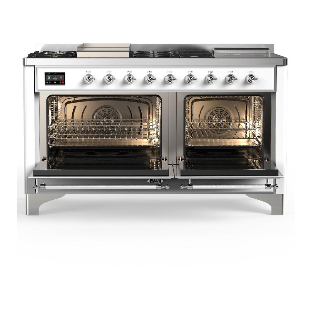 Ilve UM60FSQNR3WHCLP Ilve Um60Fsqnr3Whclp Majestic Iii 60 Inch Dual Fuel Range With 7 Burners, Griddle And French Top, Dual Function Burner With Up To 25,000 Btu (Liquid Propane, Solid Door, White, Chrome)