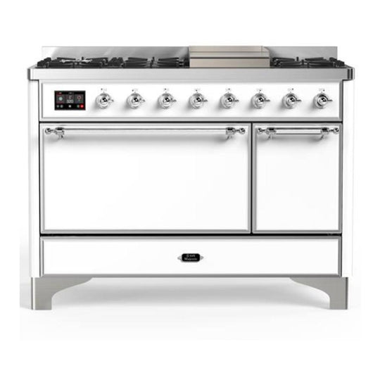 Ilve UM48FQNR3WHC Ilve Um48Fqnr3Whc Majestic Iii 48 Inch Dual Fuel Range With 8 Burners And Griddle, Dual Function Burner Up To 25,000 Btu (Natural Gas, Solid Door, White, Chrome)