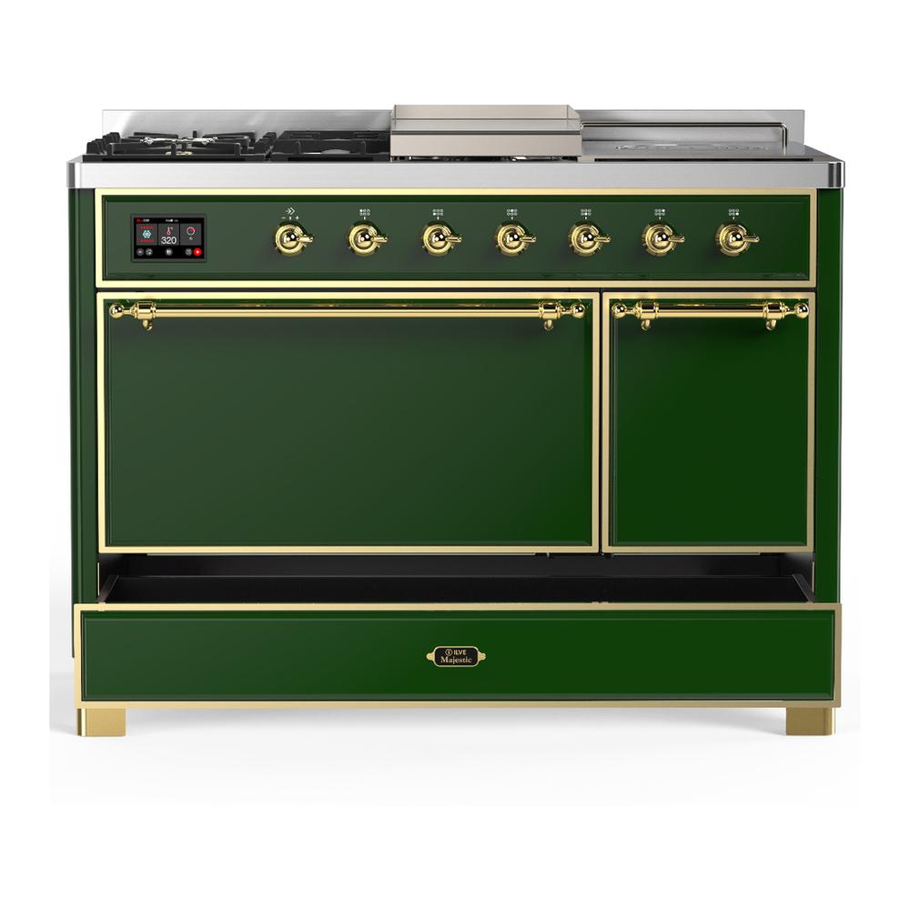 Ilve UM48FSQNR3EGGLP Ilve Um48Fsqnr3Egglp Majestic Iii 48 Inch Dual Fuel Range With 5 Black Brass Burners, Griddle And French Top, Dual Function Burner Up To 25,000 Btu (Liquid Propane, Solid Door, Emerald Green, Brass)