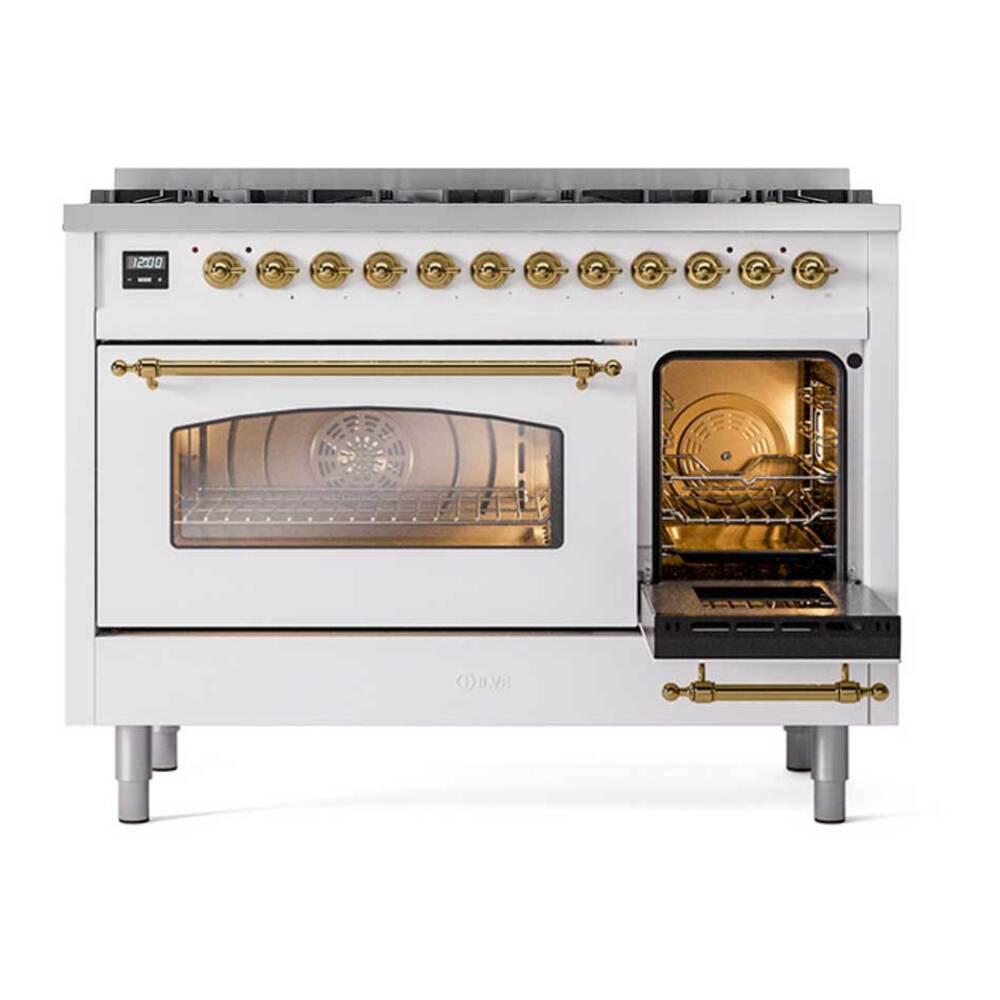 Ilve UP488NMPWHG Ilve Up488Nmpwhg Nostalgie Ii 48 Inch Dual Fuel Range With 8 Total Black Brass Sealed Burners, Brass Trim (Limited Edition) (Natural Gas, White)