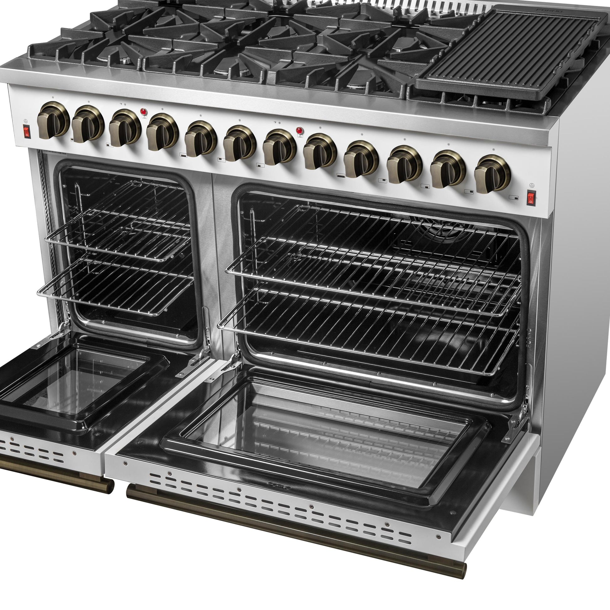 Forno FFSGS615648WHT Galiano 48-Inch Dual Fuel Range White & Antique Brass Design With 8 Sealed Burners 107,000 Btu, 6.58 Cu. Ft. Double Ovens & Griddle