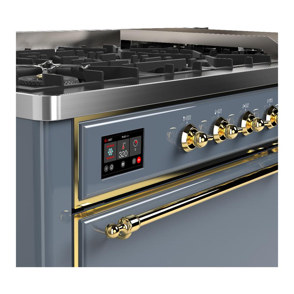 Ilve UM60FQNR3BGG Ilve Um60Fqnr3Bgg Majestic Iii 60 Inch Dual Fuel Range With 9 Burners And Griddle, Dual Function Burner Up To 25,000 Btu (Natural Gas, Solid Door, Blue Grey, Brass)