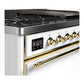 Ilve UM48FQNR3WHG Ilve Um48Fqnr3Whg Majestic Iii 48 Inch Dual Fuel Range With 8 Burners And Griddle, Dual Function Burner Up To 25,000 Btu (Natural Gas, Solid Door, White, Brass)