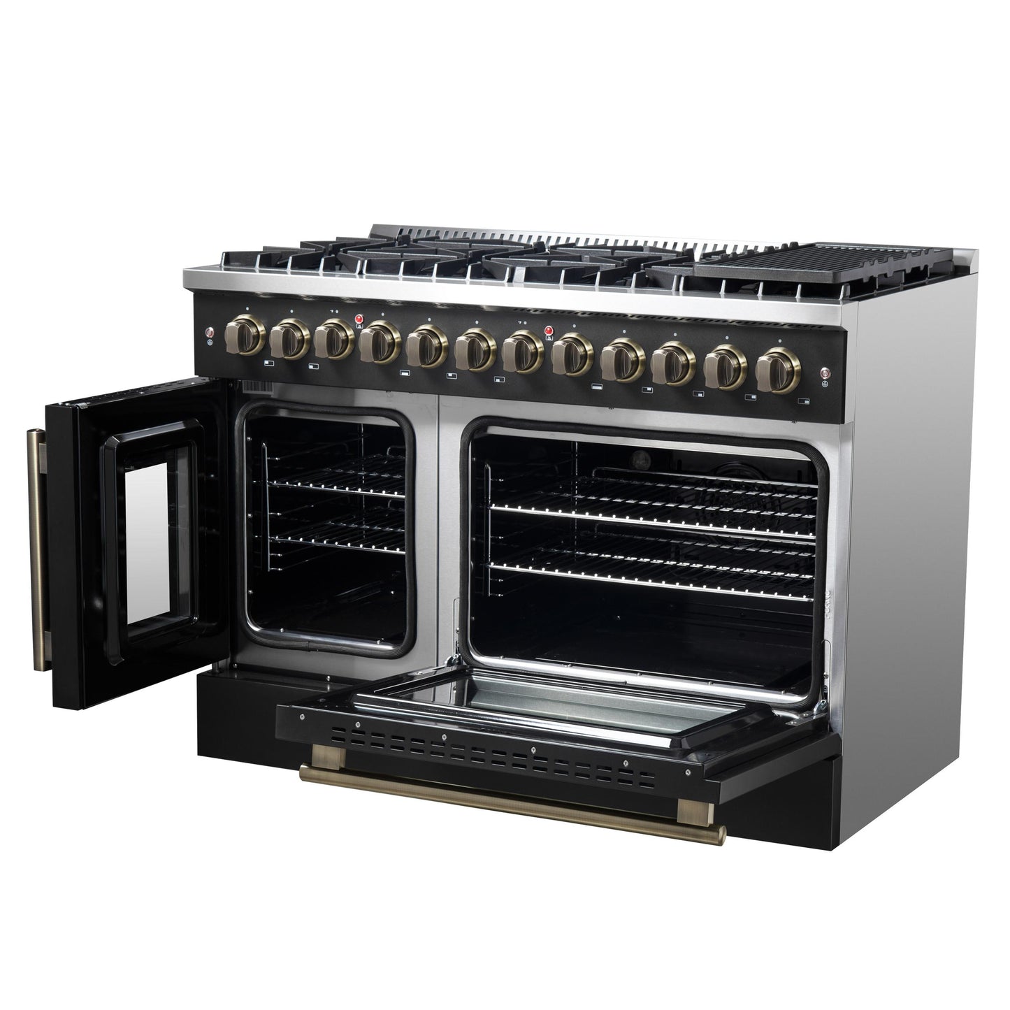 Forno FFSGS635648BLK Forno Galiano 48-Inch French Door Dual Fuel Range, Black & Antique Brass Design, 8 Sealed Burners - 107,000 Btu, Griddle, 6.58 Cu.Ft. Double Ovens