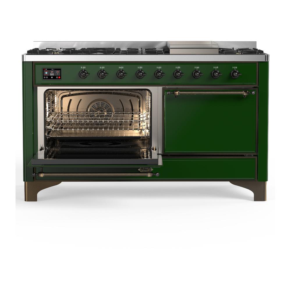 Ilve UM60FQNR3EGBLP Ilve Um60Fqnr3Egblp Majestic Iii 60 Inch Dual Fuel Range With 9 Burners And Griddle, Dual Function Burner Up To 25,000 Btu (Liquid Propane, Solid Door, Emerald Green, Burnished)