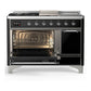 Ilve UM48FSQNR3BKC Ilve Um48Fsqnr3Bkc Majestic Iii 48 Inch Dual Fuel Range With 5 Black Brass Burners, Griddle And French Top, Dual Function Burner Up To 25,000 Btu (Natural Gas, Solid Door, Glossy Black, Chrome)