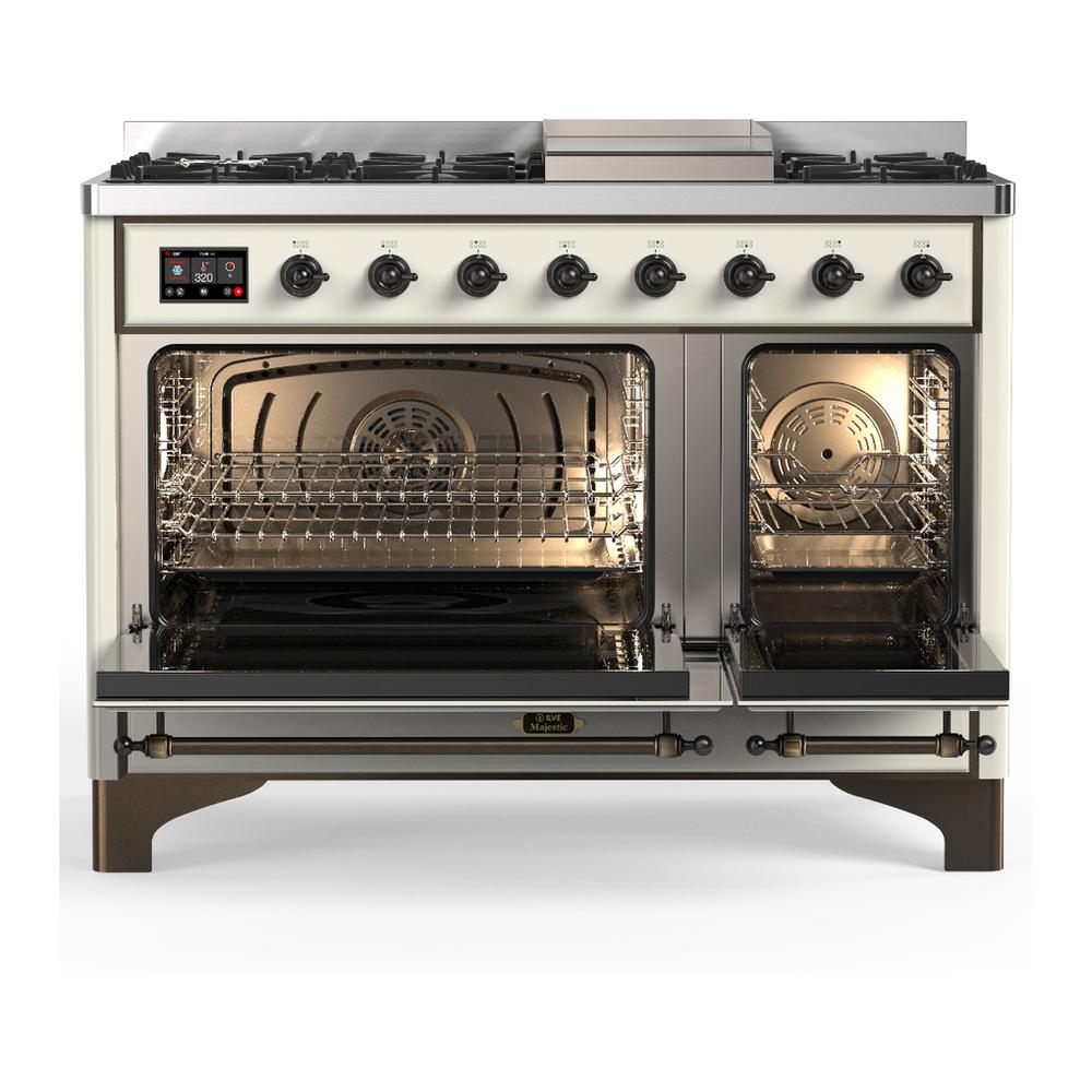 Ilve UM48FNR3AWBLP Ilve Um48Fnr3Awblp Majestic Iii 48 Inch Dual Fuel Range With 8 Burners And Griddle, Dual Function Burner Up To 25,000 Btu (Liquid Propane, Triple Glass Door, Antique White, Burnished)
