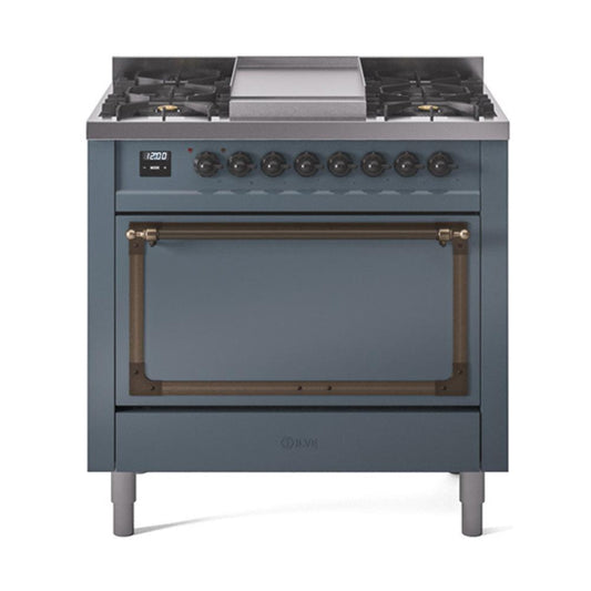 Ilve UN36FQNMPBGBLP Ilve Un36Fqnmpbgblp Nostalgie Ii Noblesse 36" Dual Fuel Range (Liquid Propane, Solid Door, Blue Grey, Burnished)