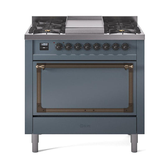 Ilve UN36FQNMPBGBLP Ilve Un36Fqnmpbgblp Nostalgie Ii Noblesse 36" Dual Fuel Range (Liquid Propane, Solid Door, Blue Grey, Burnished)