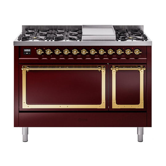 Ilve UN48FQNMPBUG Ilve Un48Fqnmpbug Nostalgie Ii Noblesse 48" Dual Fuel Range (8 Sealed Burners + Griddle, Natural Gas, Solid Door, Burgundy, Brass)