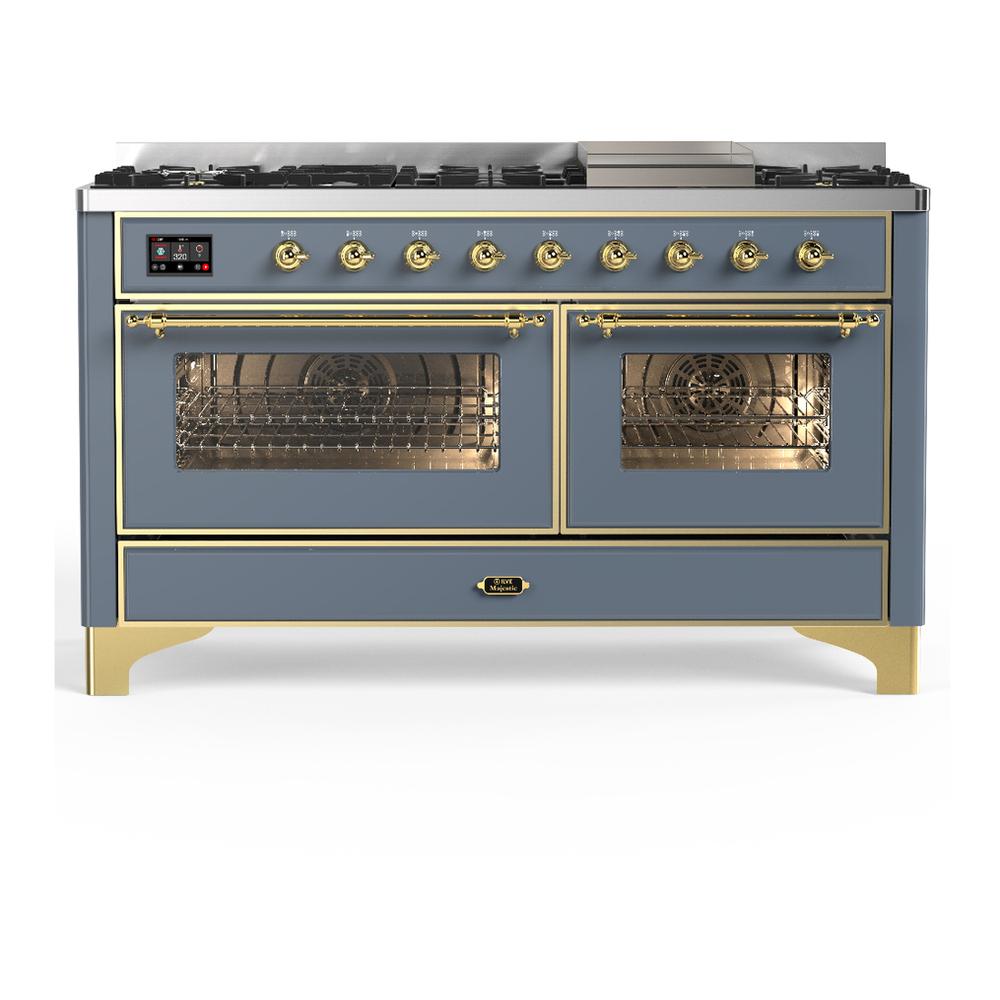 Ilve UM60FNR3BGGLP Ilve Um60Fnr3Bgglp Majestic Iii 60 Inch Dual Fuel Range With 9 Burners And Griddle, Dual Function Burner Up To 25,000 Btu (Liquid Propane, Triple Glass Door, Blue Grey, Brass)