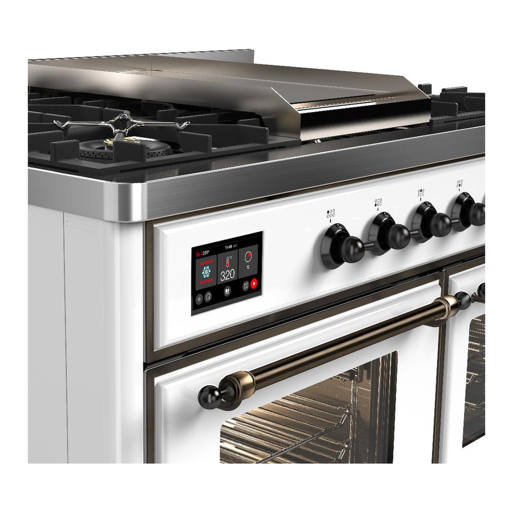 Ilve UMD40FNR3WHBLP Ilve Umd40Fnr3Whblp Majestic Iii 40 Inch Dual Fuel Range With 6 Burners And Griddle, Dual Function Burner Up To 25,000 Btu (Liquid Propane, Triple Glass Door, White, Burnished)