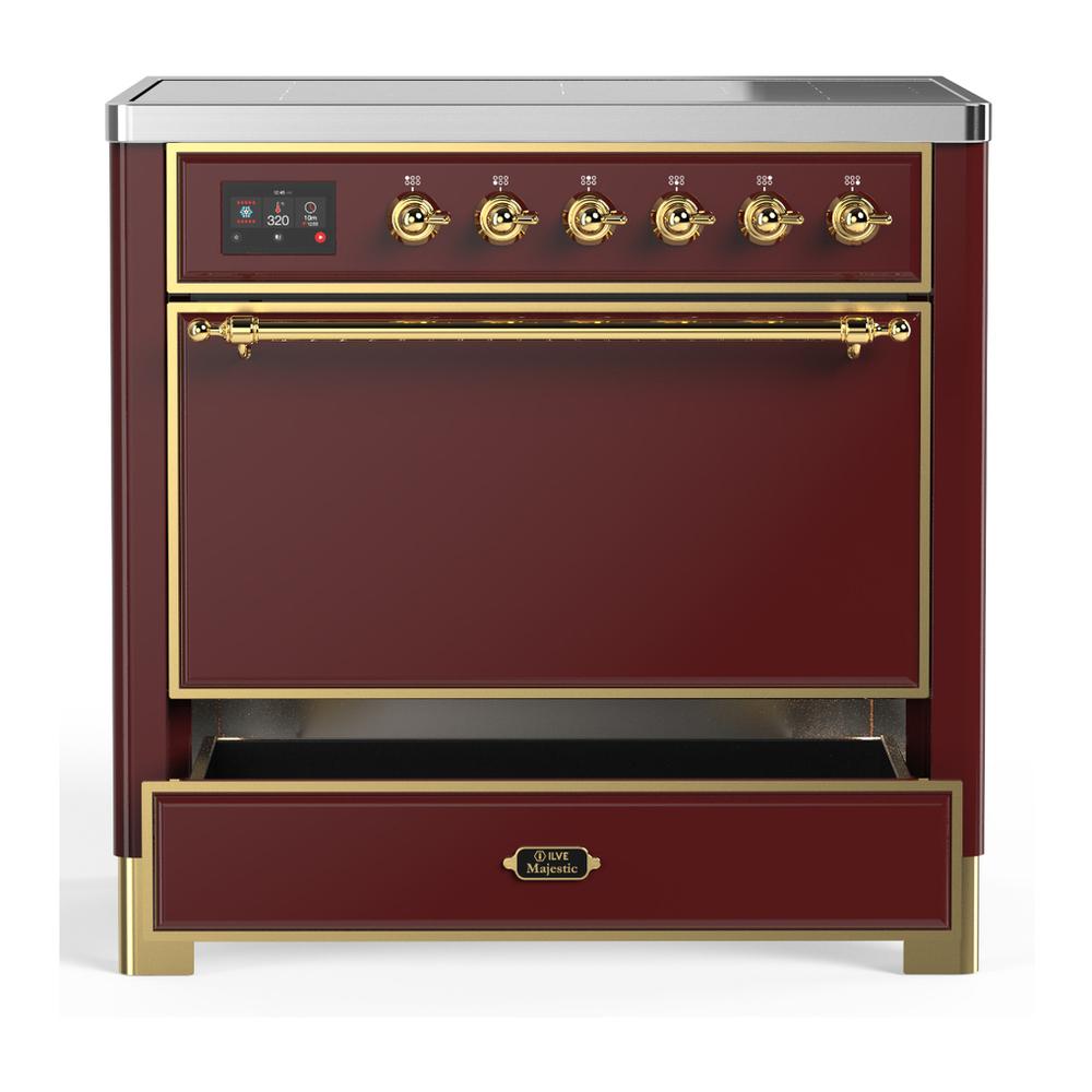 Ilve UMIB36QNR3BUG Ilve Umib36Qnr3Bug Majestic Iii 36 Inch Induction Range With 6 Elements, 3.5 Cu. Ft. Total Oven Capacity (Solid Door, Burgundy, Brass)