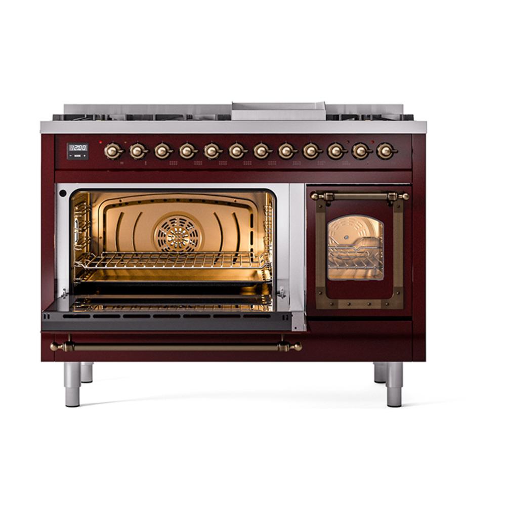 Ilve UN48FNMPBUBLP Ilve Un48Fnmpbublp Nostalgie Ii Noblesse 48" Dual Fuel Range (8 Sealed Burners + Griddle, Liquid Propane, Triple Glass Door, Burgundy, Burnished)