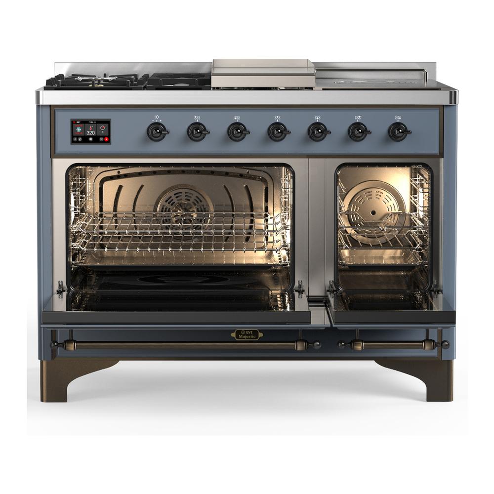 Ilve UM48FSNR3BGB Ilve Um48Fsnr3Bgb Majestic Iii 48 Inch Dual Fuel Range With 5 Black Brass Burners, Griddle And French Top, Dual Function Burner Up To 25,000 Btu (Natural Gas, Triple Glass Door, Blue Grey, Burnished)