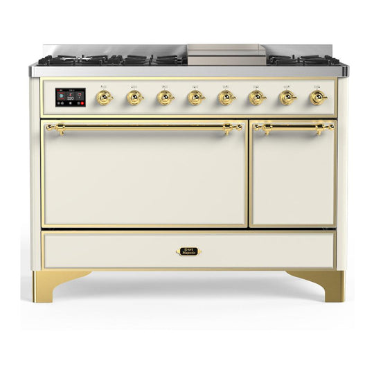 Ilve UM48FQNR3AWG Ilve Um48Fqnr3Awg Majestic Iii 48 Inch Dual Fuel Range With 8 Burners And Griddle, Dual Function Burner Up To 25,000 Btu (Natural Gas, Solid Door, Antique White, Brass)