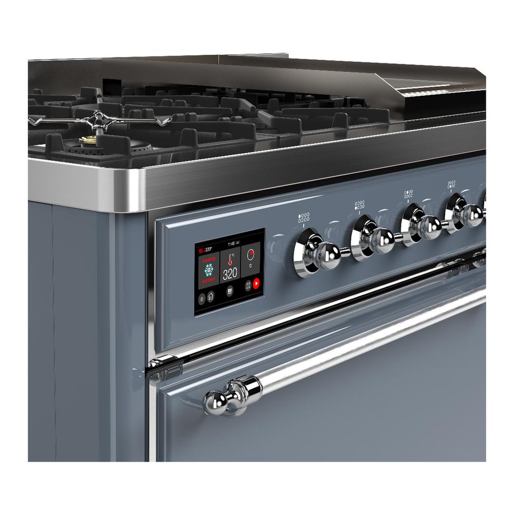 Ilve UM48FQNR3BGCLP Ilve Um48Fqnr3Bgclp Majestic Iii 48 Inch Dual Fuel Range With 8 Burners And Griddle, Dual Function Burner Up To 25,000 Btu (Liquid Propane, Solid Door, Blue Grey, Chrome)