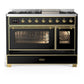 Ilve UM48FNR3BKGLP Ilve Um48Fnr3Bkglp Majestic Iii 48 Inch Dual Fuel Range With 8 Burners And Griddle, Dual Function Burner Up To 25,000 Btu (Liquid Propane, Triple Glass Door, Glossy Black, Brass)