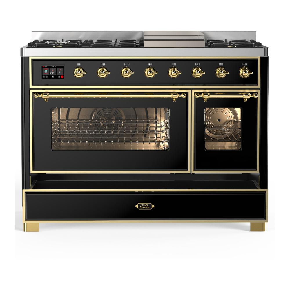 Ilve UM48FNR3BKGLP Ilve Um48Fnr3Bkglp Majestic Iii 48 Inch Dual Fuel Range With 8 Burners And Griddle, Dual Function Burner Up To 25,000 Btu (Liquid Propane, Triple Glass Door, Glossy Black, Brass)