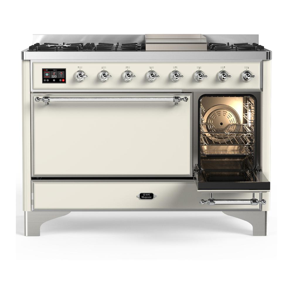 Ilve UM48FQNR3AWCLP Ilve Um48Fqnr3Awclp Majestic Iii 48 Inch Dual Fuel Range With 8 Burners And Griddle, Dual Function Burner Up To 25,000 Btu (Liquid Propane, Solid Door, Antique White, Chrome)