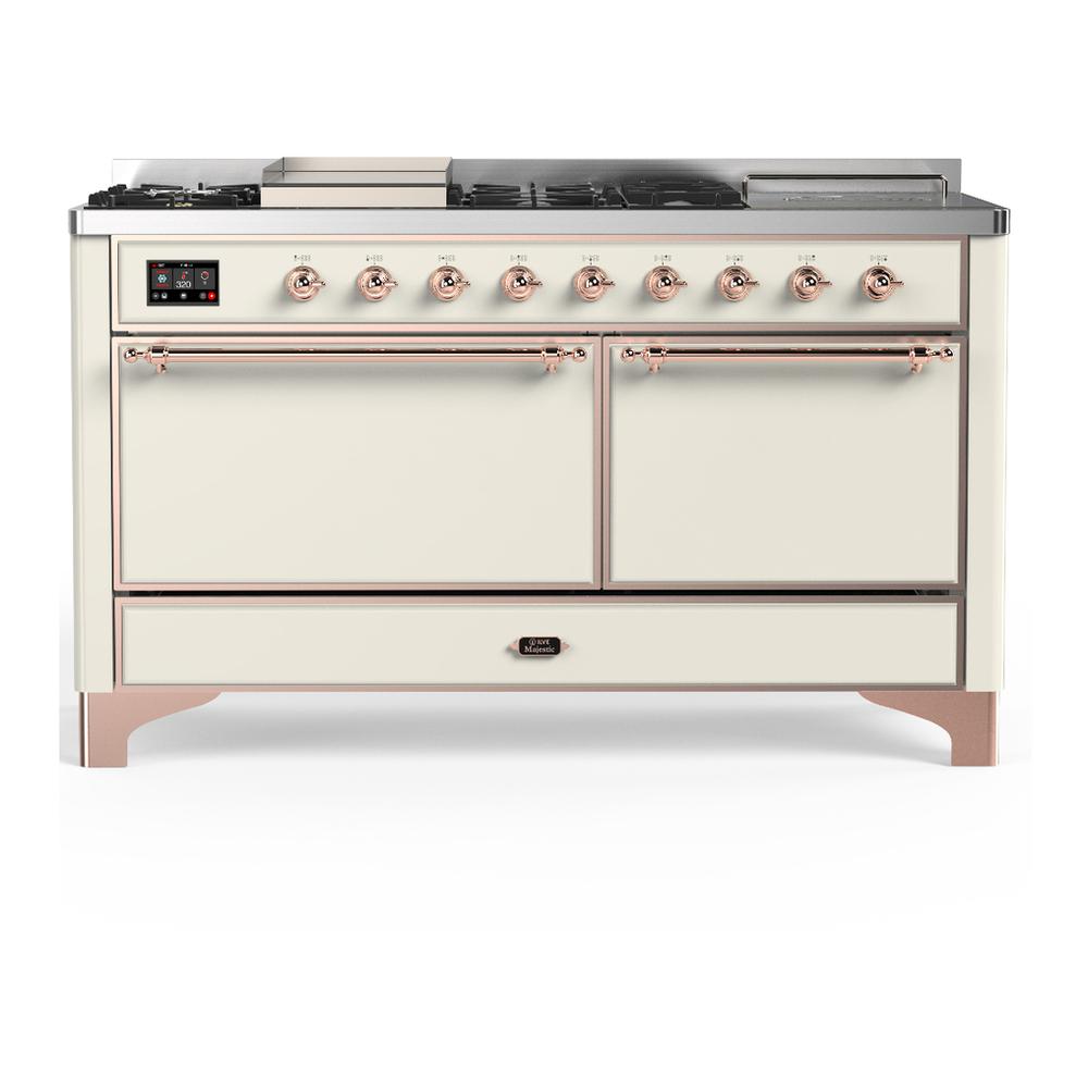 Ilve UM60FSQNR3AWP Ilve Um60Fsqnr3Awp Majestic Iii 60 Inch Dual Fuel Range With 7 Burners, Griddle And French Top, Dual Function Burner With Up To 25,000 Btu (Natural Gas, Solid Door, Antique White, Copper)