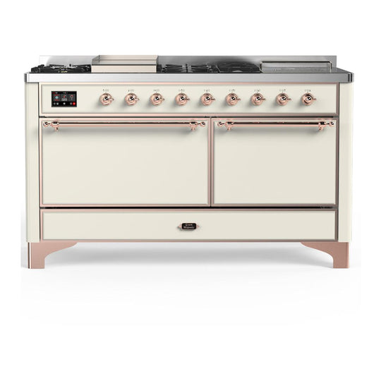 Ilve UM60FSQNR3AWP Ilve Um60Fsqnr3Awp Majestic Iii 60 Inch Dual Fuel Range With 7 Burners, Griddle And French Top, Dual Function Burner With Up To 25,000 Btu (Natural Gas, Solid Door, Antique White, Copper)