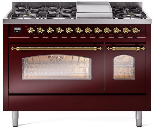 Ilve UP48FNMPBUGLP Nostalgie Ii 48 Inch Dual Fuel Liquid Propane Freestanding Range In Burgundy With Brass Trim
