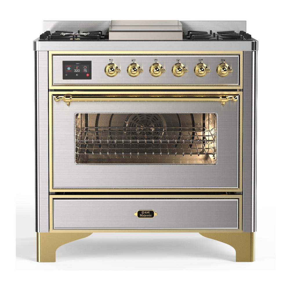 Ilve UM36FNR3SSG Ilve Um36Fnr3Ssg Majestic Iii 36 Inch Dual Fuel Range With 6 Black Brass Burners And Griddle, Dual Function Burner Up To 25,000 Btu (Triple Glass Door, Stainless Steel, Brass, Natural Gas)