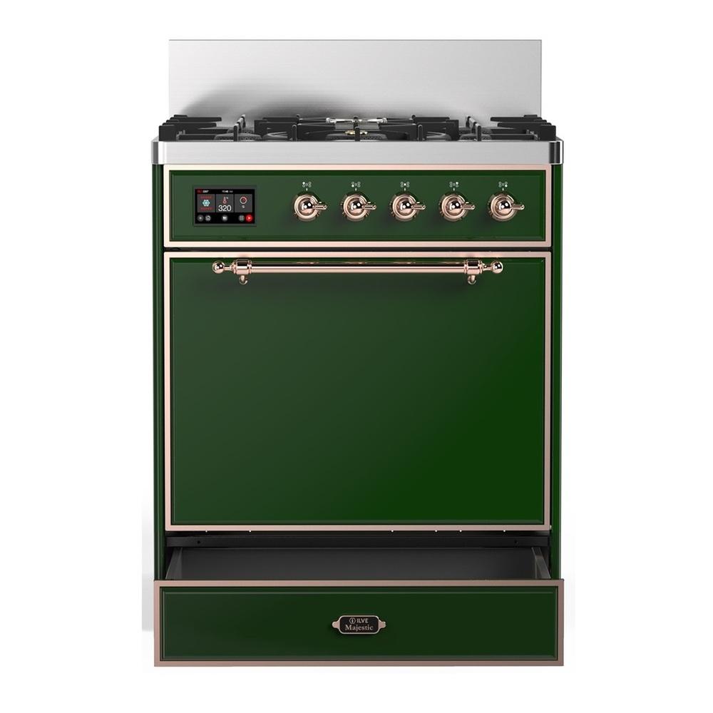 Ilve UM30QNR3EGPLP Ilve Um30Qnr3Egplp Majestic Iii 30 Inch Dual Fuel Range With 5 Black Brass Burners, Dual Function Burner Up To 25,000 Btu (Liquid Propane, Solid Door, Emerald Green, Copper)