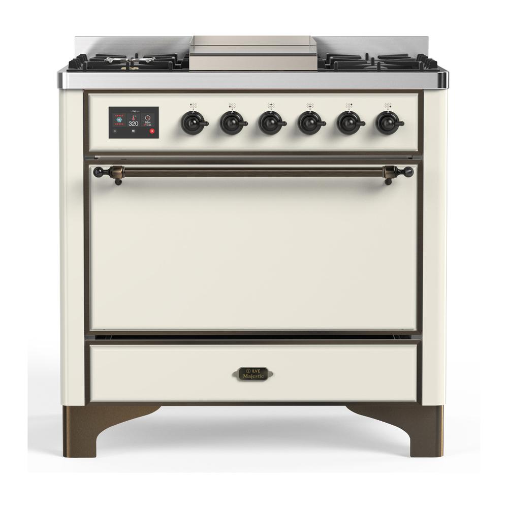 Ilve UM36FQNR3AWB Ilve Um36Fqnr3Awb Majestic Iii 36 Inch Dual Fuel Range With 6 Black Brass Burners And Griddle, Dual Function Burner Up To 25,000 Btu (Solid Door, Antique White, Burnished, Natural Gas)