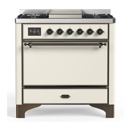 Ilve UM36FQNR3AWB Ilve Um36Fqnr3Awb Majestic Iii 36 Inch Dual Fuel Range With 6 Black Brass Burners And Griddle, Dual Function Burner Up To 25,000 Btu (Solid Door, Antique White, Burnished, Natural Gas)