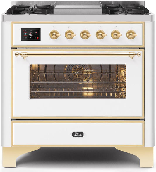 Ilve UM09FDNS3WHGLP Majestic Ii 36 Inch Dual Fuel Liquid Propane Freestanding Range In White With Brass Trim
