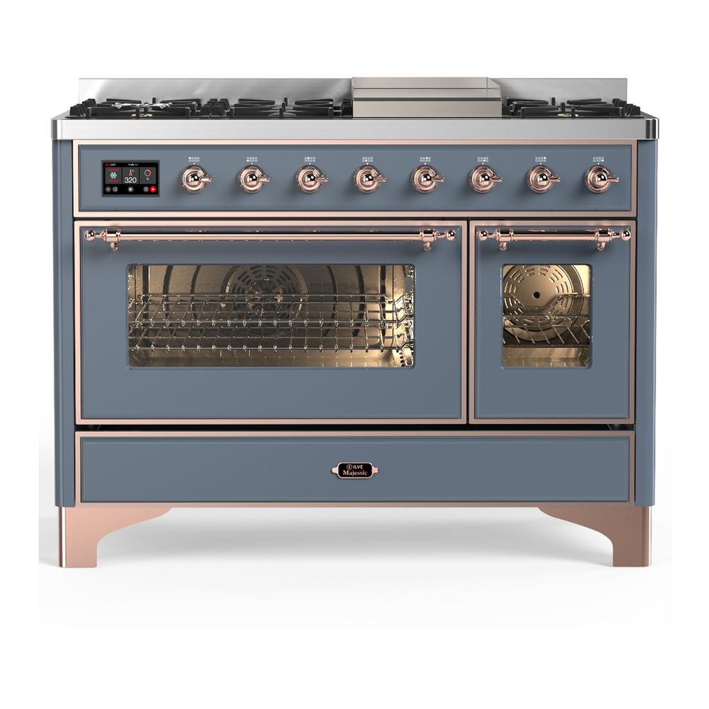 Ilve UM48FNR3BGP Ilve Um48Fnr3Bgp Majestic Iii 48 Inch Dual Fuel Range With 8 Burners And Griddle, Dual Function Burner Up To 25,000 Btu (Natural Gas, Triple Glass Door, Blue Grey, Copper)