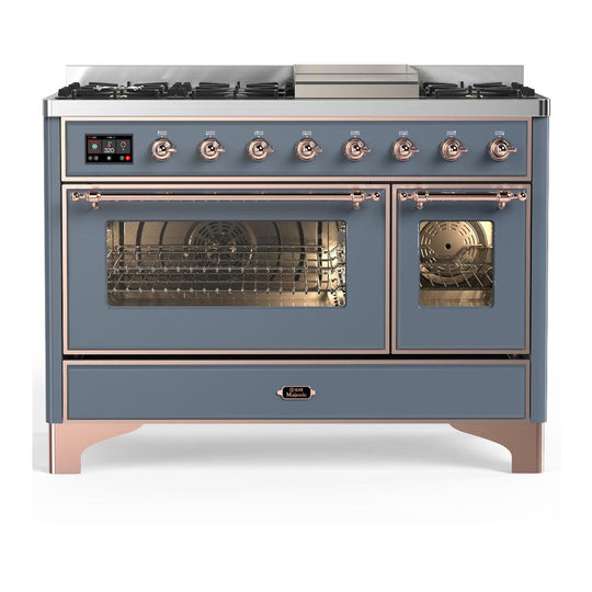 Ilve UM48FNR3BGP Ilve Um48Fnr3Bgp Majestic Iii 48 Inch Dual Fuel Range With 8 Burners And Griddle, Dual Function Burner Up To 25,000 Btu (Natural Gas, Triple Glass Door, Blue Grey, Copper)