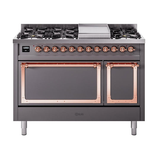 Ilve UN48FQNMPMGP Ilve Un48Fqnmpmgp Nostalgie Ii Noblesse 48" Dual Fuel Range (8 Sealed Burners + Griddle, Natural Gas, Solid Door, Graphite Matte, Copper)