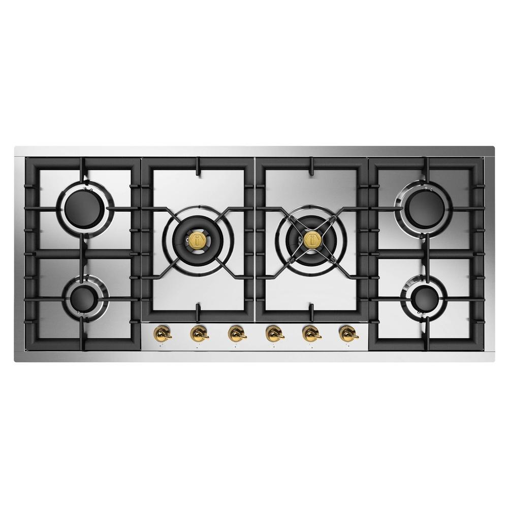 Ilve UHCPT125NSSGLP Ilve Uhcpt125Nssglp Nostalgie Ii 48 Inch Built-In Gas Cooktop With Total Black Brass Burners, In Stainless Steel (6 Sealed Burners, Liquid Propane, Brass)